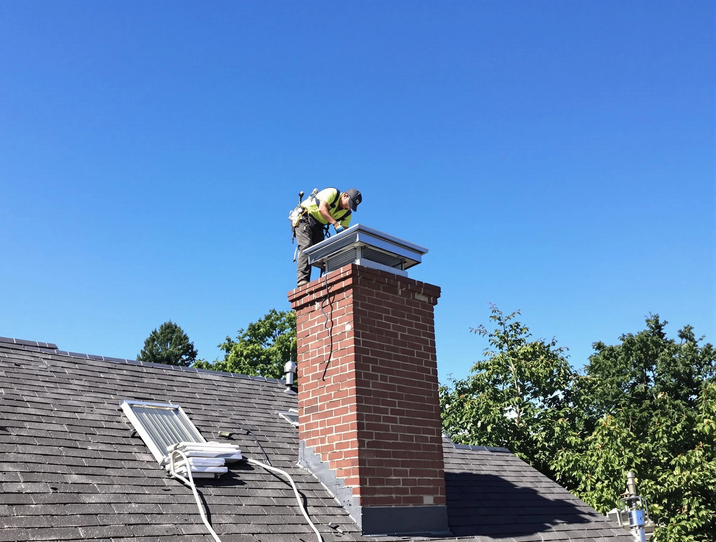 Perth Amboy Chimney Sweep technician measuring a chimney cap in Perth Amboy, NJ