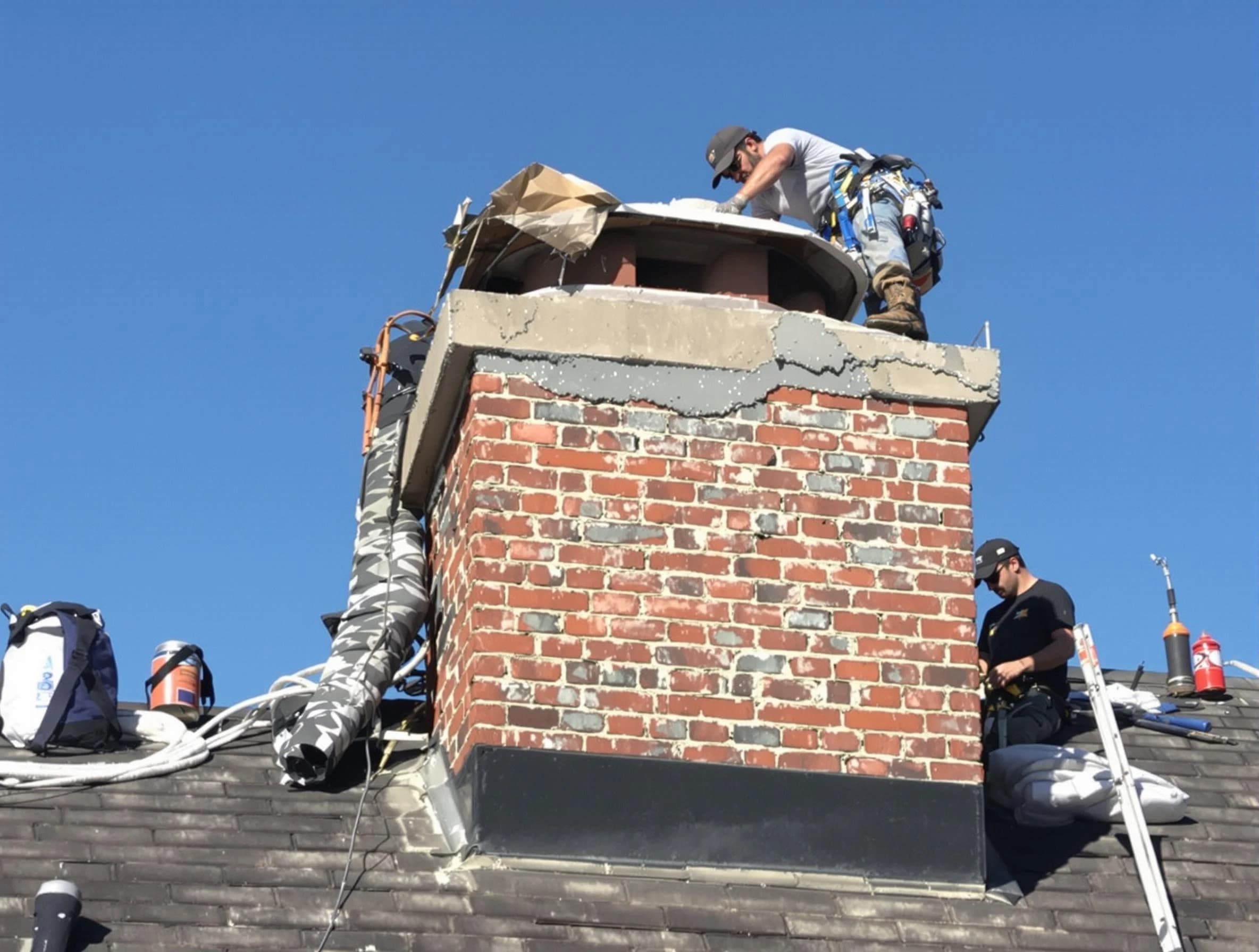 Perth Amboy Chimney Sweep installing a custom chimney crown in Perth Amboy, NJ