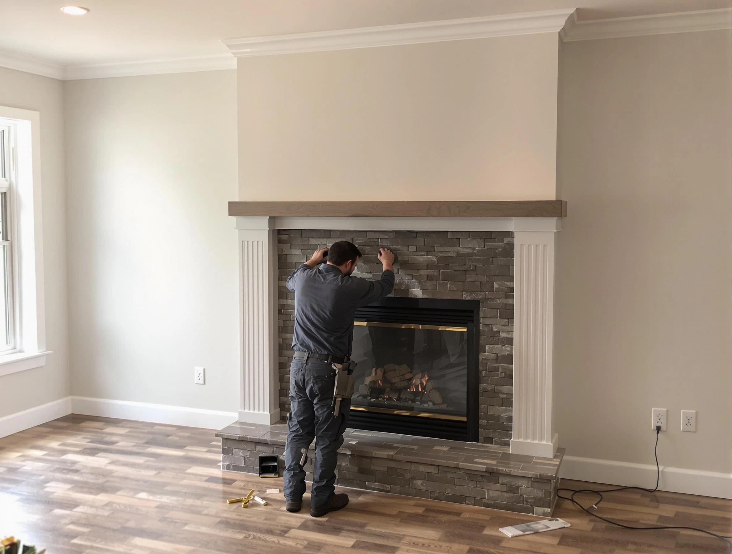 Perth Amboy Chimney Sweep finishing a custom fireplace install in Perth Amboy, NJ